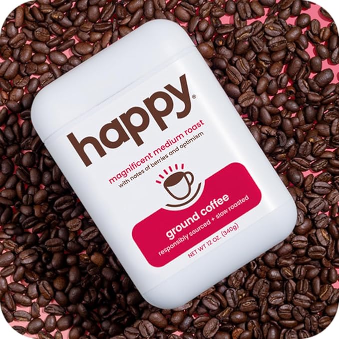 happy coffee medium roast ground coffee 12 oz. notes of berries &amp optimism recyclable container grown &amp harvested in Brazil &amp Colombia raíz sustainability verified (Pack of 2)