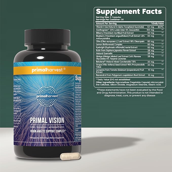 Primal Harvest Primal Vision with Lutein Zeaxanthin Vitamin A and Zinc for Eye Health Blue Light Support and Visual Clarity 2 Pack
