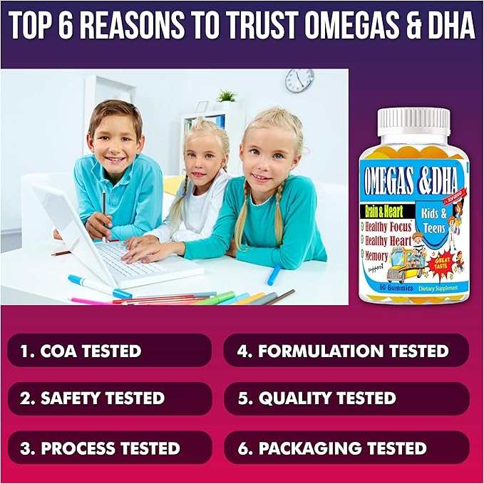 Kids Omega 3 Gummies with DHA &amp EPA – Omega 3 Supplement for Kids &amp Teens Supports Brain Focus &amp Memory Eye Health Great Taste Non-GMO 60 Count