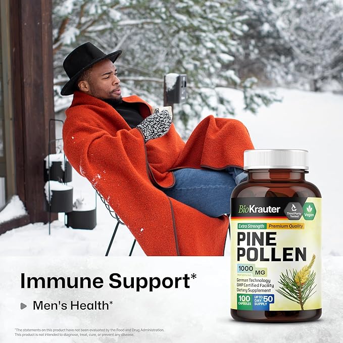 BIO KRAUTER® Pine Pollen for Men's Support - Pure &amp Vegan Pine Pollen Extract 1000 mg per Serving - Immune Support Supplement &amp Antioxidants - 100 Capsules 50-Day Supply Non-GMO Herbal Suppl