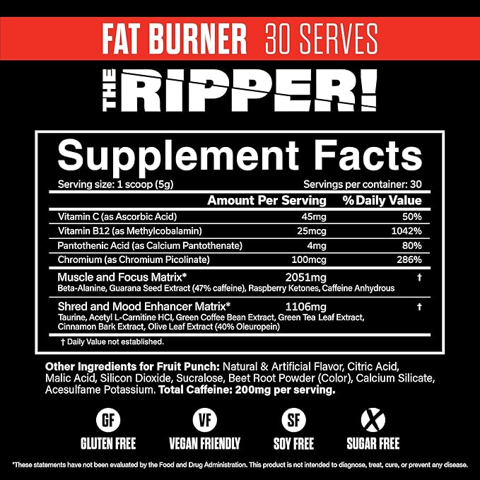 JNX SPORTS The Ripper! Fat Burner Pre Workout for Men &amp Women – Thermogenic Fat Burning Powder &amp Appetite Suppressant Boost Energy &amp Endurance – Fruit Punch 30 Servings
