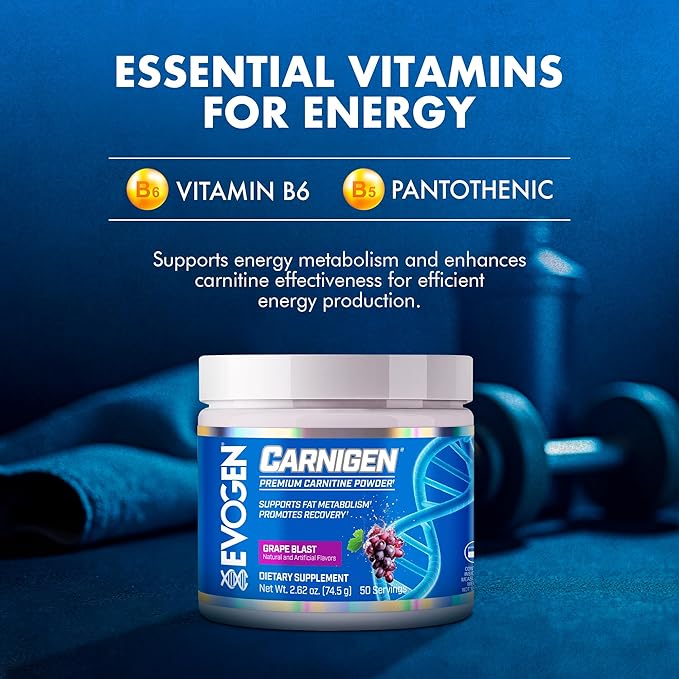 Evogen Carnigen - Premium Carnitine Powder | Supports Fat Metabolism &amp Promotes Recovery | Stimulant-Free L Carnitine Supplement Matrix with Acetyl L-Carnitine | Grape | 50 Servings