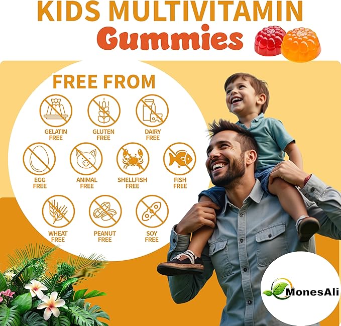 Kids Multivitamin Gummies with Iron &amp Probiotics - Vegan Gelatin-Free Halal Orange &amp Strawberry Flavors 90 Count