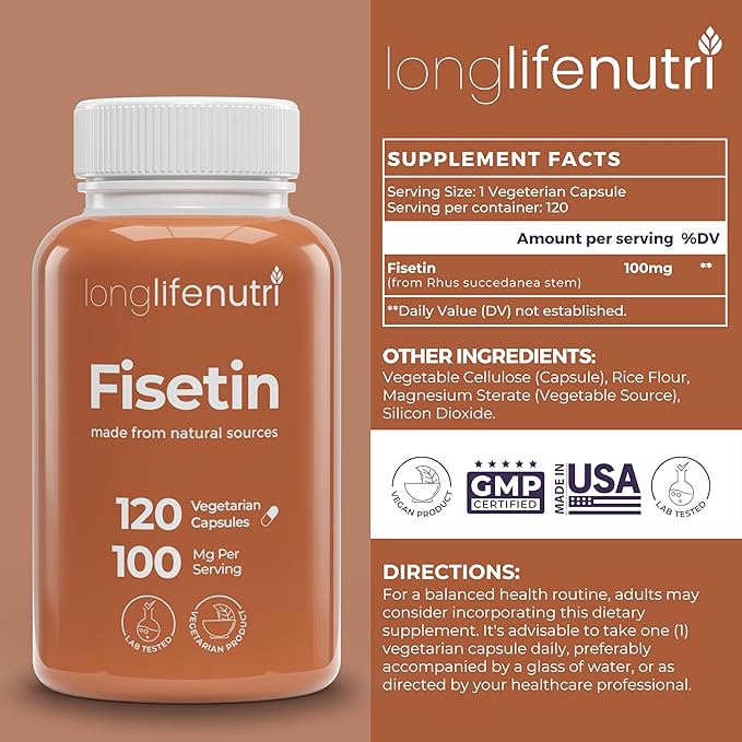 Fisetin 100mg - from Rhus Succedanea Stem Extract 120 Vegetarian Capsules Senolytic Supplement for Aging &amp Longevity 4-Month Supply Organic GMP Certified Made in USA