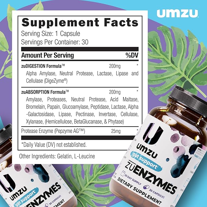 UMZU zuEnzymes Digestive Support Supplement (30 Day Supply) – 21 Enzyme Blend with Lipase Protease &amp Amylase – Digestive Enzymes for Gut Health &amp Probiotic Daily Digestive Wellness Support Fo