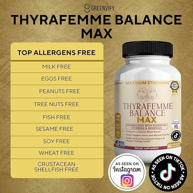 Thyrafemme Balance Max Mood and Energy Support Supplement 60 Capsules 30-Day Supply with B-Complex Vitamins (2)