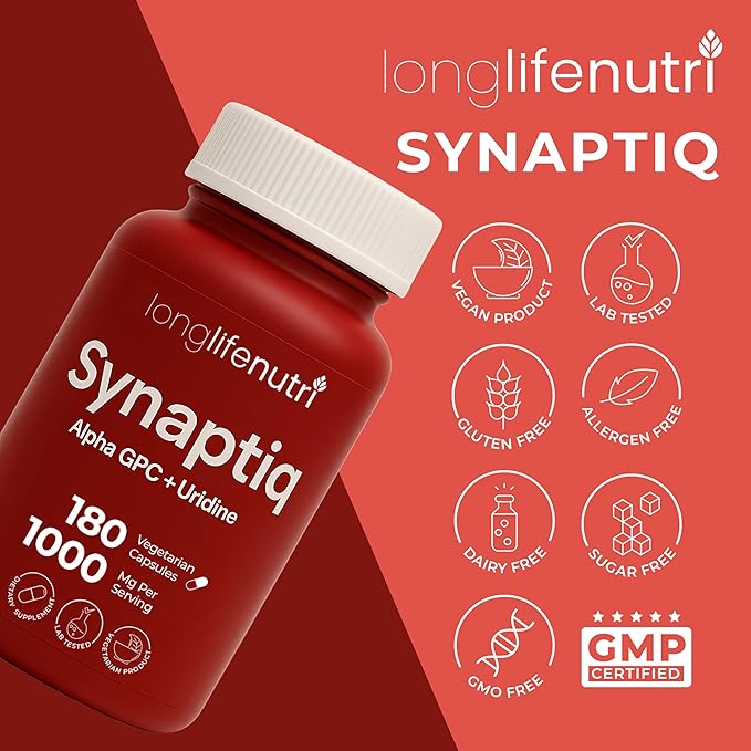 Synaptiq 1000mg (Alpha GPC + Uridine Monophosphate 600mg/400mg) - Nootropic Choline Supplement 180 Vegetarian Capsules 3-Month Supply For Focus &amp Productivity GMP Certified Made in USA