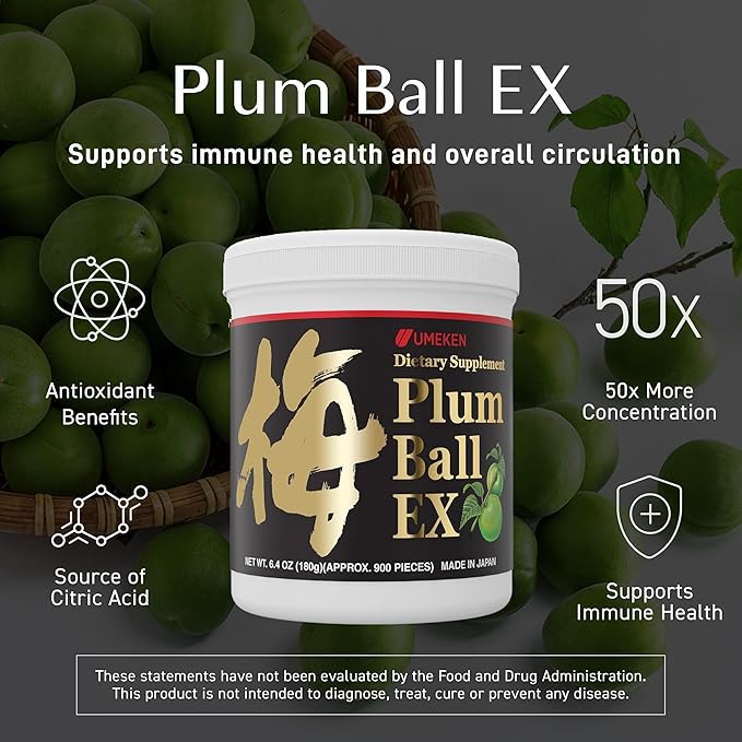 Umeken Plum Ball EX Concentrated Extract with Antioxidants Citric Acid and Mumefural Daily Supplement Japanese Green Plum Extract 6 Month Supply 6.4oz 180g Bottle Pack of 2