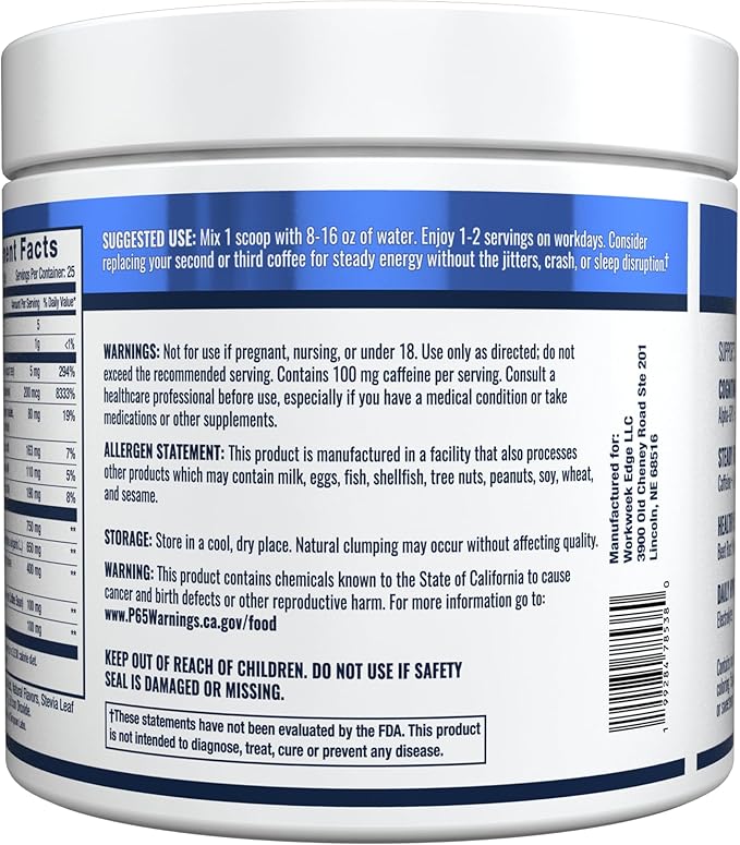 Focus &amp Energy Drink Mix Powder – Zero Sugar 100mg Caffeine + L-Theanine + L-Tyrosine Calm Nootropic Supplement for Steady Focus &amp Clean Energy – (25 Servings)
