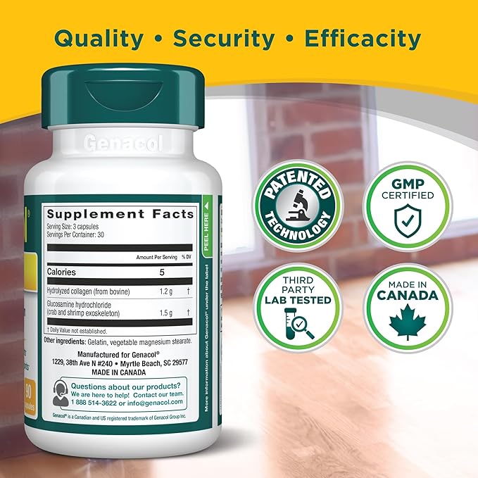 Genacol Plus – Glucosamine and Collagen Supplement Ultra-Hydrolyzed Collagen Peptides Eases Joint Movement Maintains Cartilage 90 Capsules (30-Day Supply)