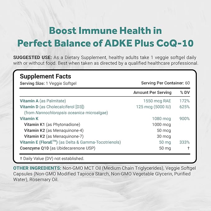 Naturalis Vegan Vitamin ADK with 50mg Tocotrienol and CoQ-10 | Nano-Emulsified in EVOO for Better Absoprtion | Non-GMO Soy Free and Vegan Society Certified | 60 Veggie Softgels (Carrageenan Free)