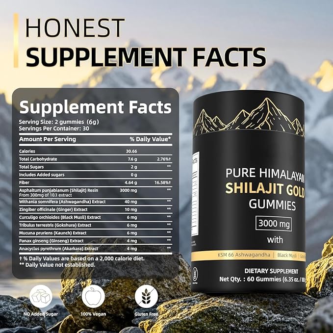 3000mg Himalayan Shilajit Gummies Gold for Men &amp Women - Organic &amp Natural with 85+ Essential Minerals &amp Fulvic Acid (1 Bottle)