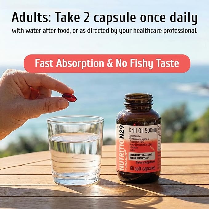 Antarctic Krill Oil 500mg 56% Phospholipids with Superba™ Krill Oil Astaxanthin &amp Omega-3s 500mg Easy-to-Swallow Softgels No Fishy Burps 60 Count