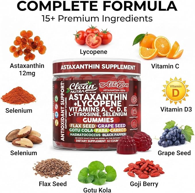 Clean Nutraceuticals AstaZen Astaxanthin Gummies 12mg - with Lycopene Vitamins A C D E L-Tyrosine &amp Selenium - Antioxidant Support Gummies - 60 Count