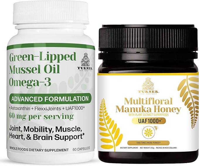 TURNER New Zealand Omega-3 Green Lipped Mussel Oil 53x Higher Potency for Superior Joint Comfort &amp Mobility No Fishy Aftertaste 1 Bottle 60 Softgels Plus 1 jar of Multifloral Manuka Honey