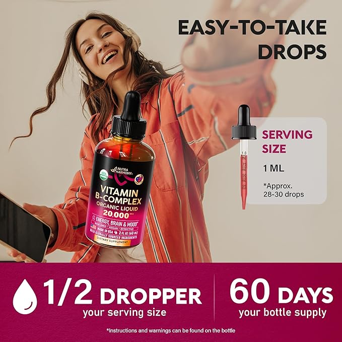 USDA Organic Vitamin B-Complex B5 Pantothenic Acid | B12 Methylcobalamin | B1 Thiamine | B6 Pyridoxine | B7 Biotin | B9 Folic | B3 Niacinamide - B Complex Liquid Drops Made in USA Supplement 2fl oz
