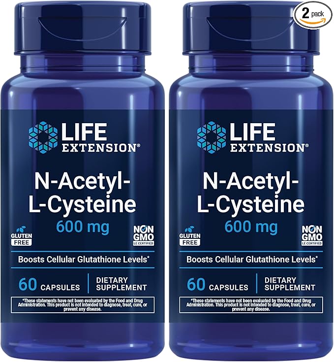 Life Extension N-Acetyl-L-Cysteine (NAC)ImmuneRespiratoryLiver HealthNAC 600 mgPotent antioxidant SupportFree-radicalsEasy to Absorb60 Capsules(Pack of 2)