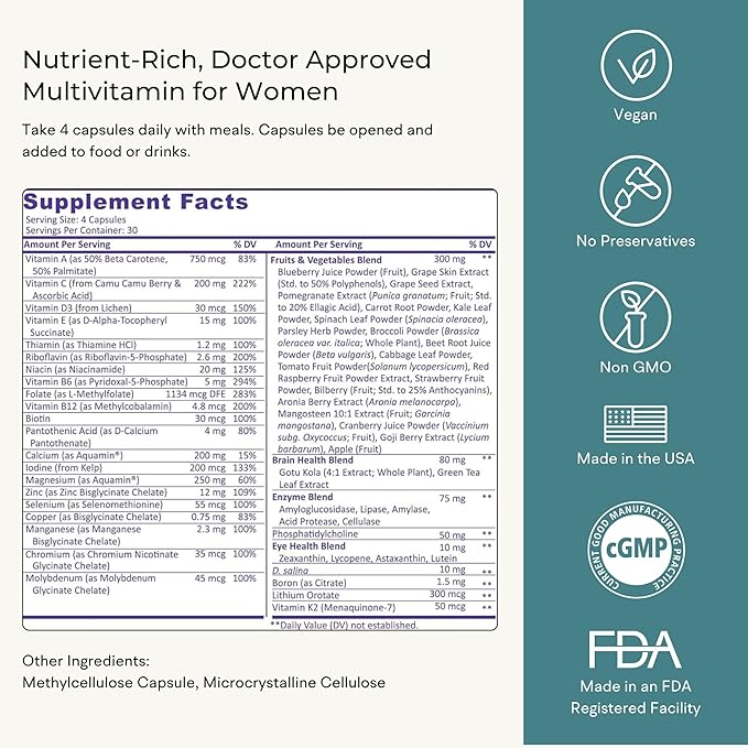 Multivitamin for Women (120 Vegetarian Capsules) Whole Food Vitamin with Essential Nutrients Natural Calcium Magnesium Selenium Zinc Biotin Vitamin A B6 C D3 E K and More