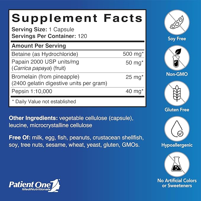 Patient One Digest-Plex | Supplement to Support Gastric Comfort and Food Metabolism* | with Betaine Papain Bromelain and Pepsin | 120 Capsules