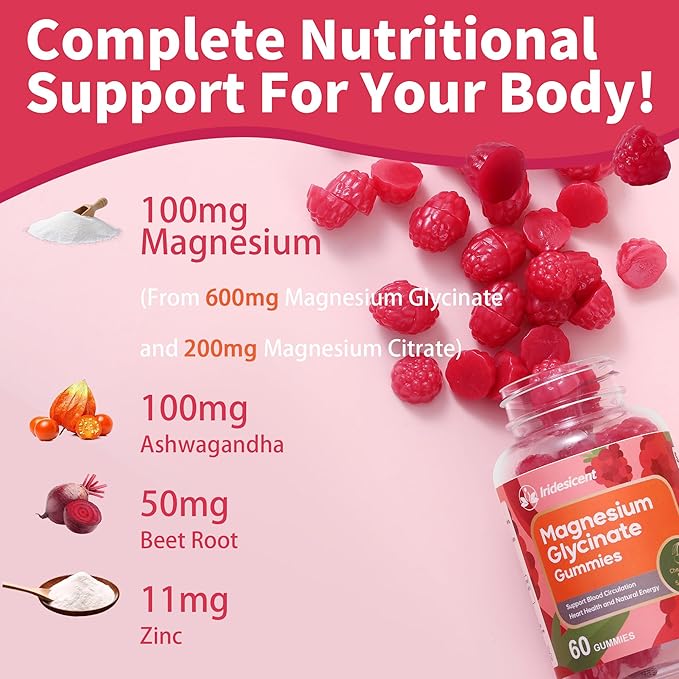 Magnesium Glycinate Gummies Sugar Free Magnesium Supplement w/Ashwagandha Zinc Vegan Magnesium Glycinate Supplement for Adults - 120 Cherry Gummies