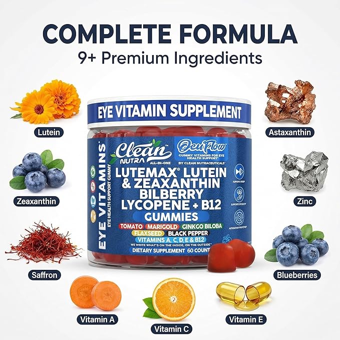 Clean Nutra Lutein and Zeaxanthin Eye Vitamins Gummies + Bilberry for Eyes Vision Support Ginkgo Biloba Marigold Vitamin B12 Flaxseed Black Pepper CoQ10 Vitamin A l 60 Count B OcuFlow