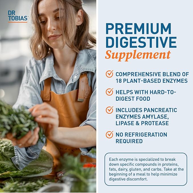Dr. Tobias Digestive Enzymes Digestion Supplement with 18 Enzymes for Digestion and Gut Health | Includes Amylase Bromelain Lipase Lactase Protease Papain &amp More (60 Capsules 30 Servings)