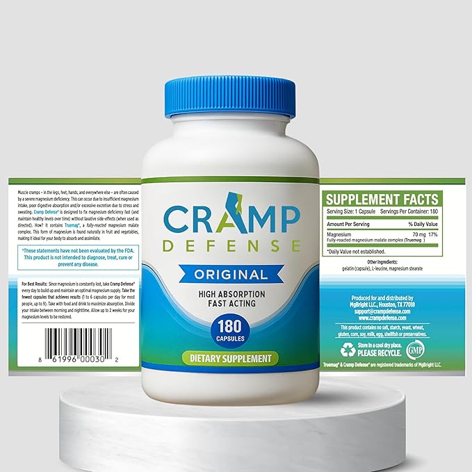 Cramp Defense® Leg Cramps Pills Relief for All Muscle Cramps Day and Night. Magnesium Supplement Capsules 3-6 Month Supply. Non-Laxative Organic Formula for Max Absorption and Results. Made in US.