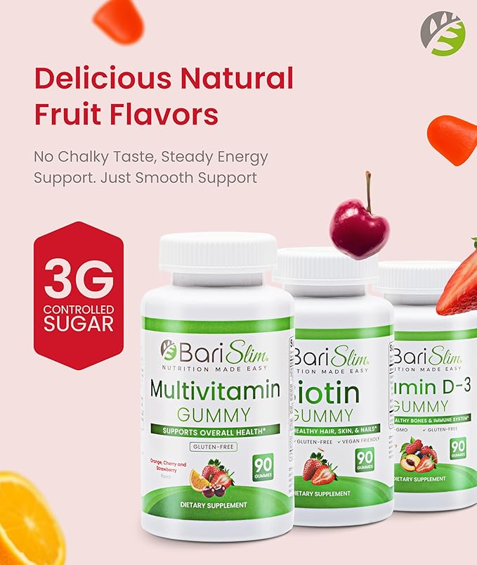 BariSlim Bariatric Multivitamin Gummies - Specially Formulated Gummy Vitamin for Patients After Weight Loss Surgery - Easy to Digest &amp Great Tasting Fruit Flavors | Pack of 3 | 90 Fruit Chews