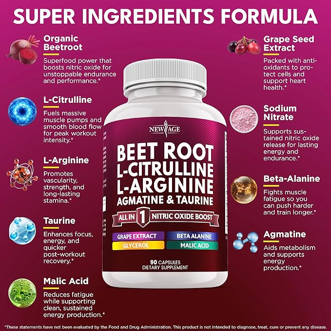 NEW AGE Beet Root Capsules - L Arginine L Citrulline Nitric Oxide Beetroot Powder Arginine Citrulline Supplement – 90 Vegan Capsules