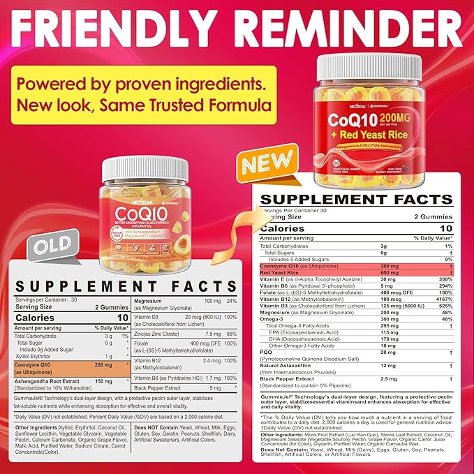 Red Yeast Rice Gummies 600mg &amp CoQ10 200mg for Adult 12-in-1 High Absorption Coenzyme Q10 Supplement Plus Omega 3 PQQ Astaxanthin Methyl B12 Support Brain Energy Immunity Antioxidant 120C