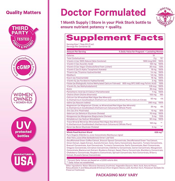 Pink Stork Liquid Prenatal Vitamins for Women - for Fertility Pregnancy Postpartum - Morning Sickness Support - 64 Servings - 2 Pack