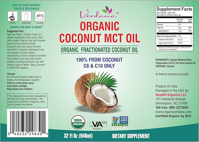Verdana USDA Certified Organic Coconut MCT Oil –Fractionated Coconut Oil – No Palm Kernel Used – Kosher Food Grade Non-GMO – Great for Keto and Paleo Diets – 1Gallon