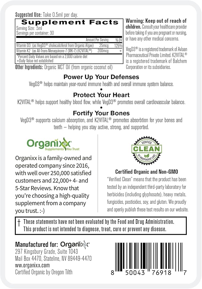 Organixx D3 K2 Supplement Supports Bone and Immune Health Bioavailable and Easy Absorption Formula with MCT Oil for Overall Wellness Clean Nutrient Blend Non GMO 15 ML 30 Servings