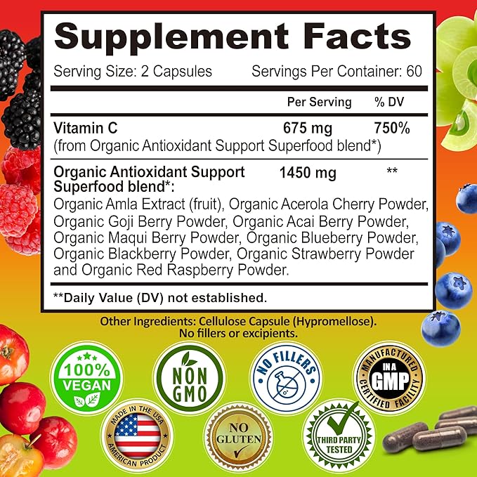 Whole Food Vitamin C Complex - 1450mg Organic Berries - 675 mg Vitamin C per Serving High-Potency Antioxidant &amp Immune Support with Acerola Amla and Natural Bioflavonoids - Vegan Non-GMO 120 C