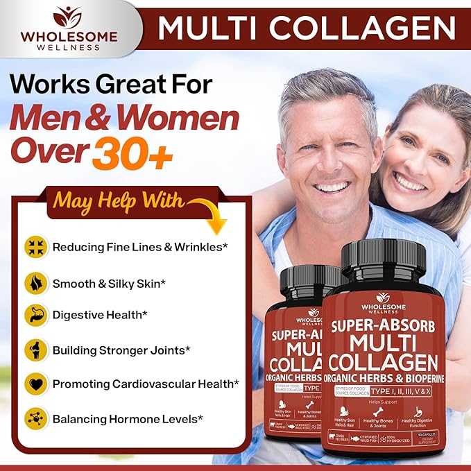 Wholesome Wellness Digestive Enzymes 1000MG Plus Prebiotics &amp Probiotics Supplement + Super-Absorb Multi Collagen Pills (Type I II III V X) Organic Herbs and Bioperine Bundle