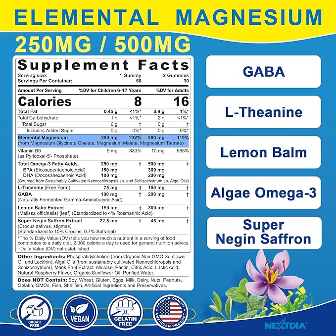 Triple Magnesium Complex 500mg/250mg Gummies + Omega-3 Saffron for Kids 6+ &amp Adults Kids Focus Calm Magnesium Gummies with Theanine Sugar Free Magnesium Glycinate Malate Taurate Sugar Free
