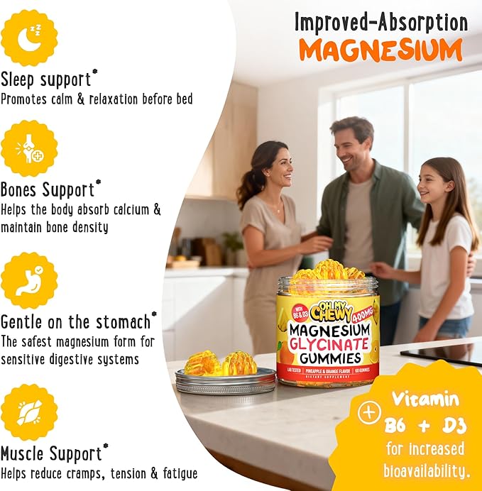 Center-Filled Magnesium Glycinate Gummies 400MG - High Absorption for Kids Teens &amp Adults - Supplement for Sleep Calm &amp Muscle Relaxation with B6 &amp D3 - Gluten Free &amp Vegan Friendly