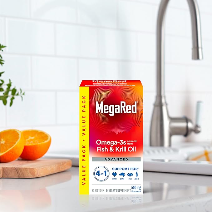 Megared Omega-3 Fish Oil + High Absorption Krill Oil 500mg Softgels MegaRed Advanced 4in1 (80 count in a bottle) Concentrated Omega-3 Fish &amp Krill Oil Supplement