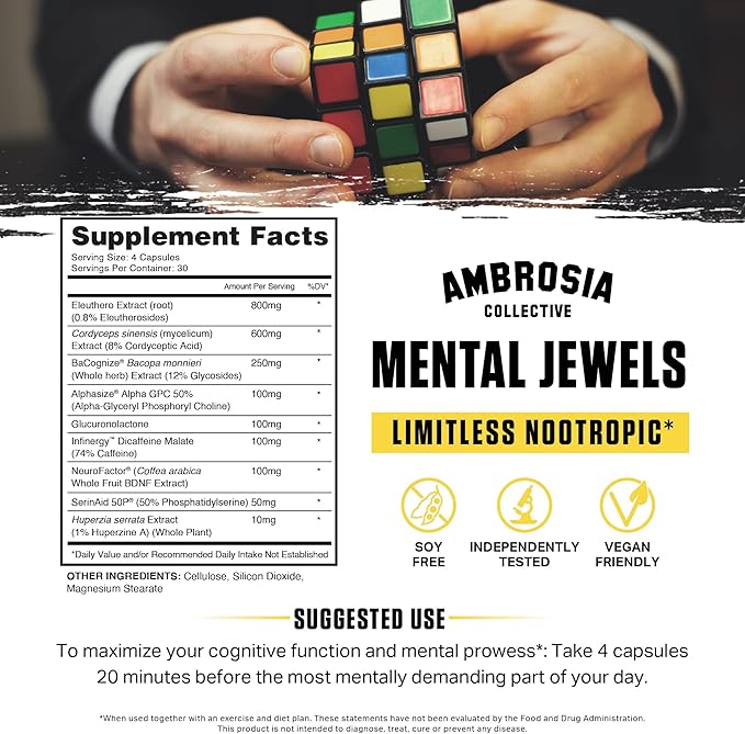 Ambrosia Mental Jewels (Capsules) - Cognitive Enhancer | Increase Memory Communication Skills Concentration &amp Focus | Alpha GPC Choline BaCognize | 120 Veggie Capsules (30 Day Supply)