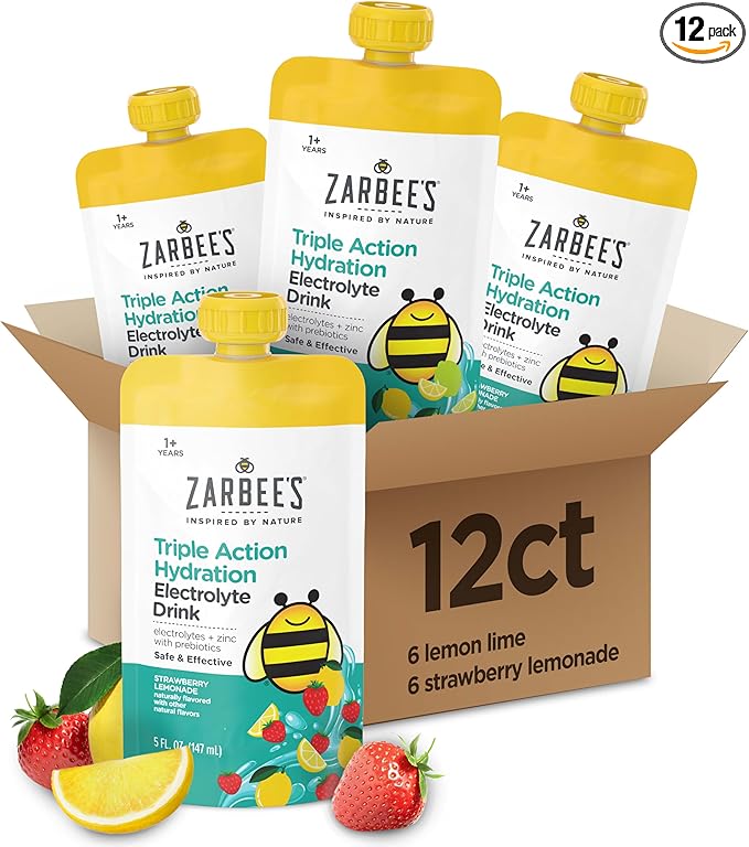 Zarbee’s Triple Action Hydration Electrolyte Drink for Kids Low Sugar with Prebiotics &amp Zinc Mild to Moderate Dehydration Strawberry Lemonade &amp Lemon Lime 12 x 5 fl oz Pouches