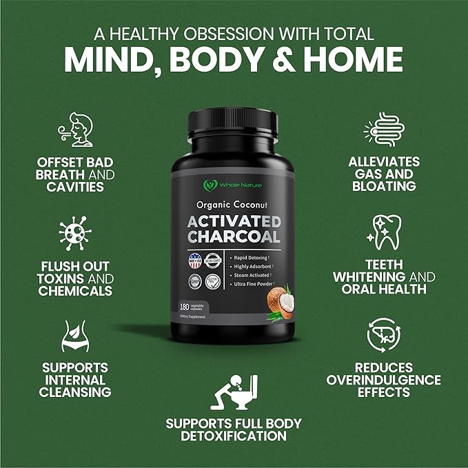 Coconut Activated Charcoal Capsules 180 Charcoal Capsules Teeth Whitening Helps Constipation Bloating Stomach Gas Heartburn Pure Coconut Derived Supplement (2)