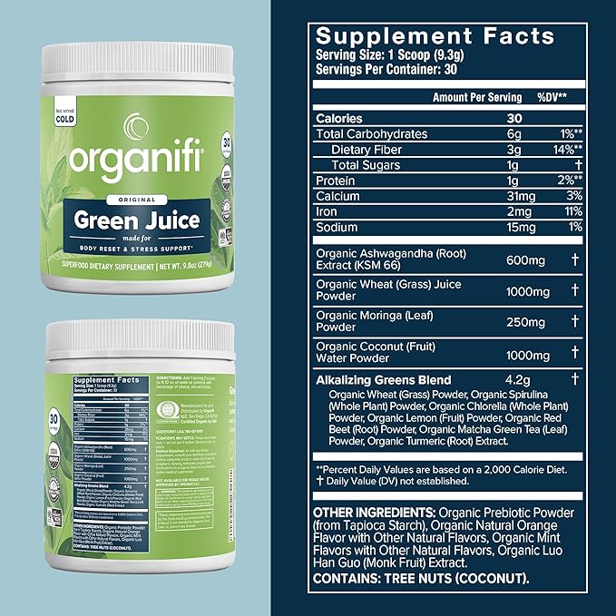 Organifi Green Juice - Powder Supplement with Organic Spirulina Ashwagandha and Chlorella - Helps Achieve Fitness Goals and Reduce Cortisol Levels 30-Day Supply