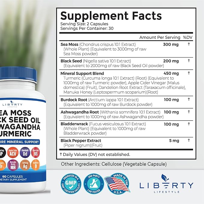 Sea Moss Black Seed Oil Ashwagandha Turmeric Bladderwrack Burdock - with Manuka Honey Dandelion ACV Black Pepper Gluten Free - 2-Pack