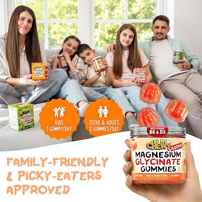 Center-Filled Magnesium Glycinate Gummies 400MG - High Absorption for Kids Teens &amp Adults - Supplement for Sleep Calm &amp Muscle Relaxation with B6 &amp D3 - Gluten Free &amp Vegan Friendly