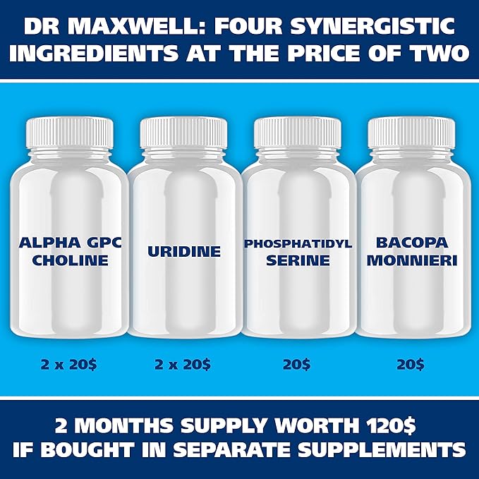 Dr. Maxwell Alpha GPC &amp Uridine 2X 60 Capsules + Phosphatidylserine &amp Bacopa 1x 120 Capsules 2 Months Supply