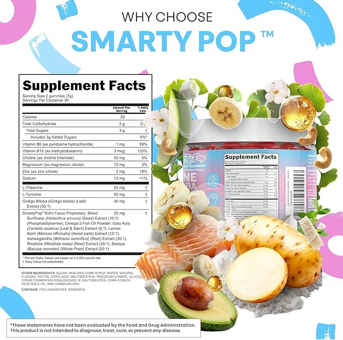 Clean Nutra Kids Focus Gummies with L-Theanine Ginkgo Biloba Omega-3 Fish Oil L-Tyrosine Vitamin B6 B12 – 60 Count Clean Label Non-GMO Vegan-Friendly SmartyPop Formula for Kids Support