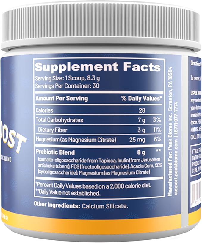 Peak BioBoost - Prebiotic Fiber Supplement - Flavorless Digestive Nutritional Supplements - Easy to Dissolve Prebiotic Powder - No Gluten Soy or Dairy - 1 Month Supply - 30 Servings