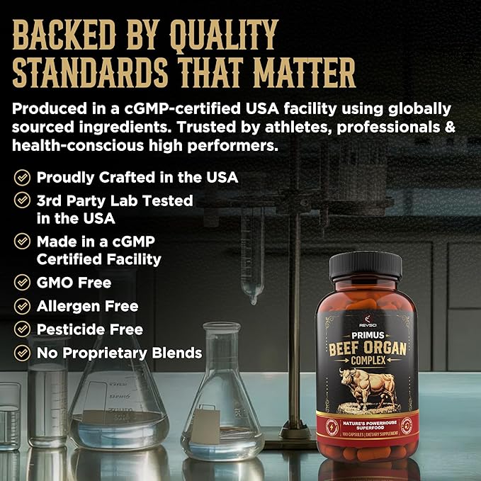 Beef Organ Supplement for Men &amp Women - PRIMUS Grass Fed Beef Liver Capsules with Heart Primal Ancestral Blend 5 Organ Meat Supplements Viking Energy Complex BioPerine for Absorption 180 Pills
