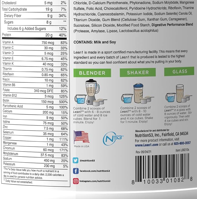 Lean1 Vanilla Meal Replacement Protein Shake 15 Serving Tub