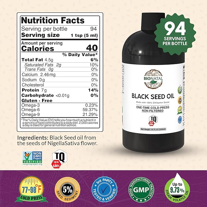 BioNatal Ethiopian Black Seed Oil 16oz PET/Plastic Bottle – Cold Pressed Nigella Sativa Black Cumin Seed Oil Unrefined &amp Non-Filtered High TQ Up to 4.64% – Supports Immune System Digestive